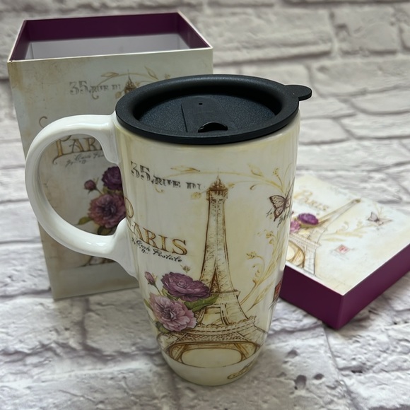 Ceramic travel mug with lid and gift box Paris Eiffel Tower - Picture 1 of 8